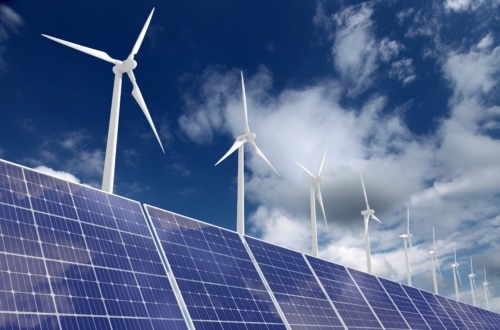 View of Windmills and solar panels